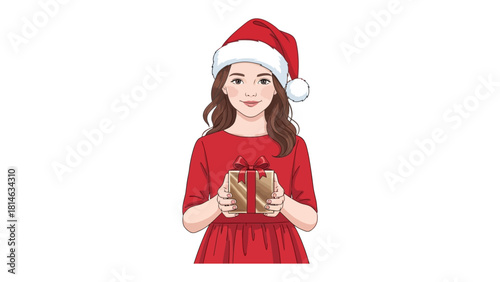 Holiday Cheer: A woman in a festive red ensemble, adorned with a Santa hat, holds a beautifully wrapped gift. Evoking feelings of warmth and holiday spirit, perfect for seasonal greetings.