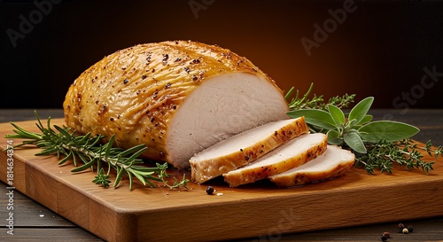 Close-up shot of a roasted turkey breast with sliced portions on a wooden cutting board.