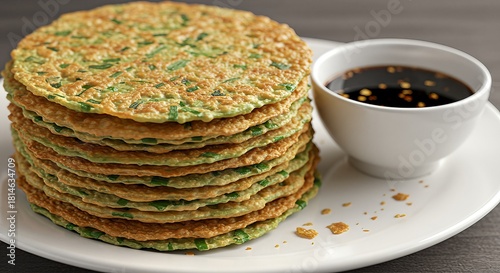 Stack of scallion pancakes with dipping sauce on a white plate.
