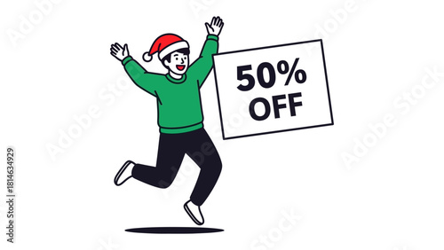 Joyful Offer: A happy individual leaps with elation, showcasing a bold 50% OFF sign during the holiday season, embodying the spirit of savings and seasonal cheer.