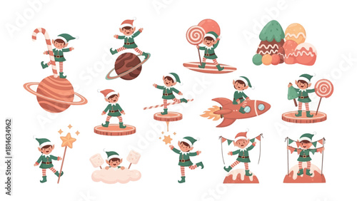 Whimsical Elf Adventures: A collection of delightful elf characters engaged in various playful activities, celebrating the spirit of fantasy and fun.