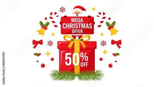 Mega Christmas Offer with Presents and Discount: A festive composition of a giant gift box at the forefront, adorned with a 50% discount sign, complemented by festive elements.