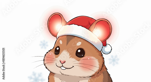 Adorable fluffy hamster wearing a festive red Santa hat, glowing with holiday cheer amidst falling snowflakes, a charming winter illustration perfect for seasonal designs