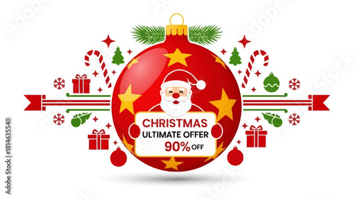 Christmas Ultimate Offer Decoration: Festive ornament featuring a jolly character offering a limited-time sale event on a bright background.