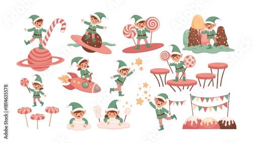  Whimsical Elf Collection: A vibrant compilation of cheerful elves, each engaged in playful activities amidst colorful, imaginative elements, embodying the spirit of fantasy and enchantment.