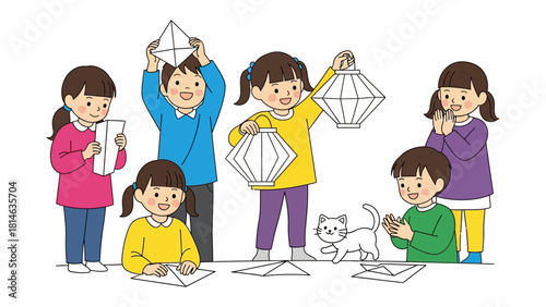 Children's Crafts and Creativity: A group of enthusiastic children engrossed in the creation of paper lanterns, each showcasing their unique handmade designs in a creative crafting activity. 