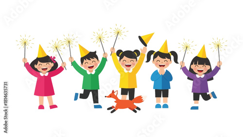 Celebration of Happiness: Vibrant scene of children's party, adorned with party hats, holding sparklers and embodying unbridled joy. A fox leaping in happiness