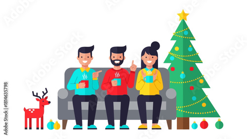 Holiday Cheer and Merriment: A trio of friends share laughter and warmth as they sip their cozy drinks, sitting side-by-side on the couch near the christmas tree and other decorations.