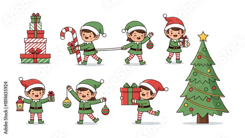 Christmas Elves Preparing Gifts: A charming illustration depicts several cheerful elves busily preparing and delivering gifts, and ornaments, embodying the spirit of holiday anticipation and joy. 