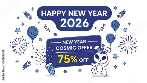 Happy New Year 2026 Celebration: A cheerful new year illustration, incorporating cosmic elements, balloons and a festive rabbit. This visual encapsulates the joy and excitement of new beginnings.