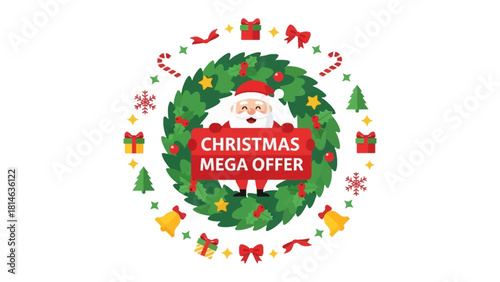 Holiday Cheer: Santa Claus, surrounded by festive ornaments, presents a Christmas Mega Offer sign, embodying the spirit of the season with joy and anticipation.