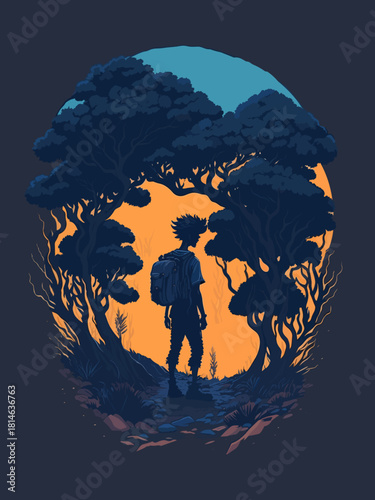 Silhouette traveler backpack forest clearing orange sun graphic t-shirt design.Isolated transparent background ( include cut-out PNG file )