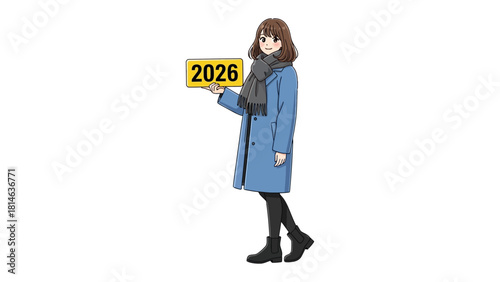 Woman with a 2026 Sign: A stylish young woman holds up a sign featuring the year 2026. A clear and forward-looking concept, suggesting future plans or expectations. 