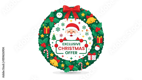 Festive Christmas Offer: A vibrant Christmas wreath adorned with festive elements such as Santa Claus, presents, and candy canes, announces an exclusive holiday offer