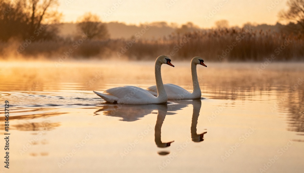 Naklejka premium romantic pair of swans gliding on peaceful lake at dawn landscape