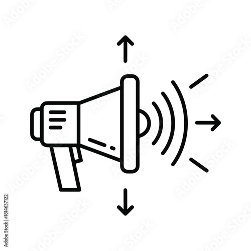 Line icon of a megaphone broadcasting sound waves in all directions, isolated on