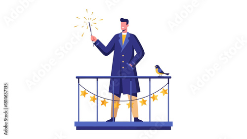 Magic Show Balcony: A sophisticated gentleman conjures wonder on a balcony, illuminating the night with a sparkling wand, with a bird by his side.