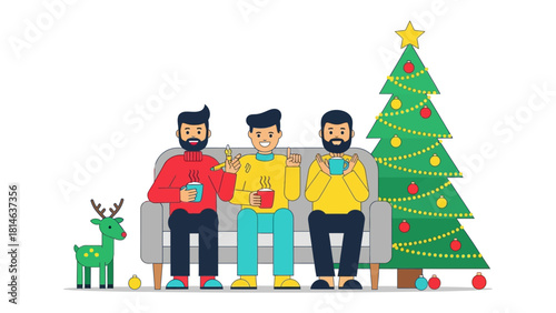 Cozy Gathering: Festive holiday gathering featuring a Christmas tree, decorative reindeer, and three friends sipping warm beverages, embodying the spirit of warmth and togetherness.