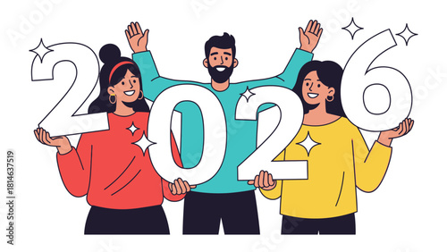 The Promise of 2026: A group of individuals celebrates the arrival of 2026, holding the year's numerals aloft amidst radiant, festive elements, embodying optimism.