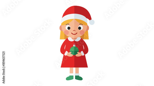 Joyful Christmas Cheer: A charming girl dressed in a festive red outfit and santa hat, happily holding a green ornament, embodies the spirit of Christmas, ready to spread seasonal cheer.