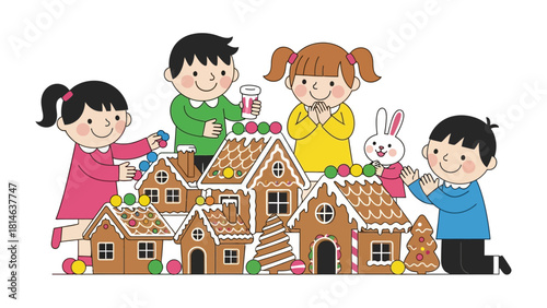 Sweetest Gingerbread House Creations: Joyful children gather together to create whimsical gingerbread houses, adorned with colorful candies and delightful details.