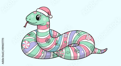 Festive Snake Illustration A Colorful Christmas Concept with Candy Cane Stripes and Santa Hat