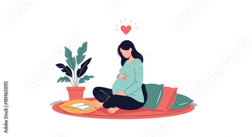 A serene pregnant woman lovingly holds her belly while sitting cross-legged on a rug at home with a book and houseplant nearby.