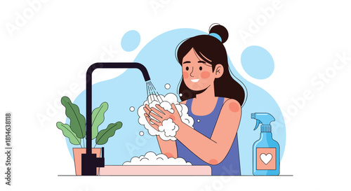 Young woman carefully washing her hands with soap and water in a sink to maintain hygiene and prevent germs and viruses.