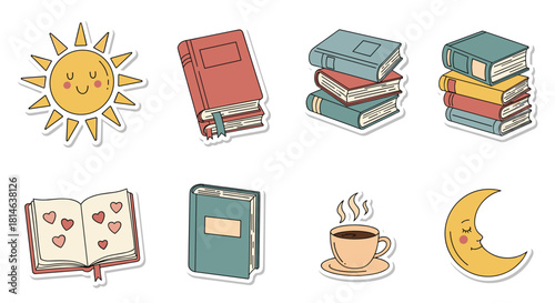 A charming collection of cute hand-drawn sticker illustrations including books a sun a moon and a cup of coffee on a white background.