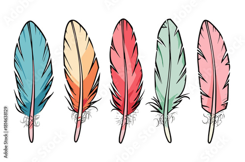 Sheet of five hand drawn style colorful feathers on a clean white background.Isolated transparent background ( include cut-out PNG file )