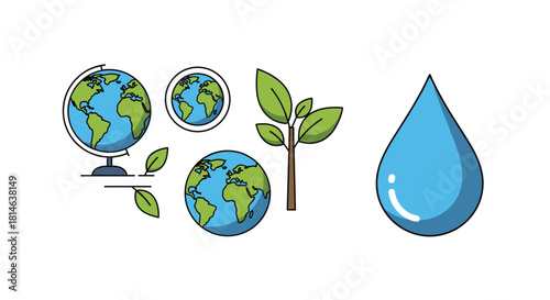 An environmental conservation icon set featuring earth globes a growing plant with green leaves and a large water drop illustration.