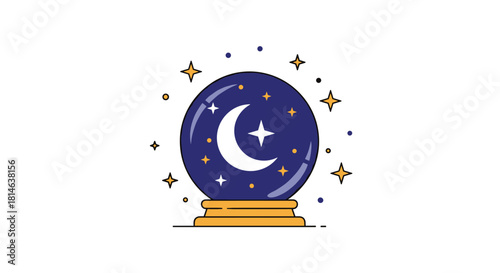 A simple and magical crystal ball icon with a crescent moon and stars inside surrounded by sparkling lights on a golden stand.