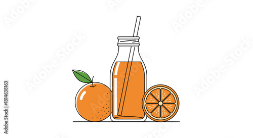 Minimalist line art illustration of a glass bottle of fresh orange juice with a straw next to a whole and sliced orange fruit.