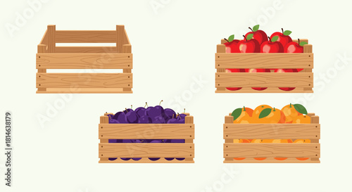 A set of four illustrations showing an empty wooden crate and crates filled with fresh red apples purple plums and ripe oranges.
