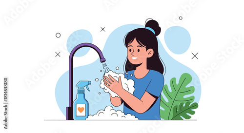 A cute cartoon illustration of a girl happily washing her hands with soap and foam under a running tap to promote good hygiene.