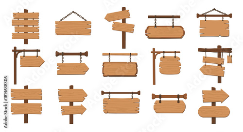 A large collection of various vintage wooden signs signboards and arrow pointers hanging or on posts isolated on a white background.