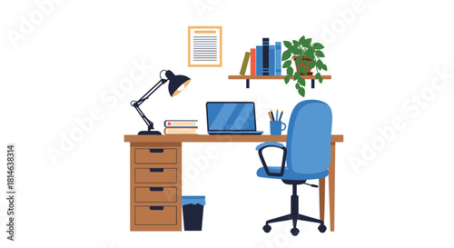A neat and modern home office or workspace setup with a desk laptop lamp books plant and a blue chair on white background.