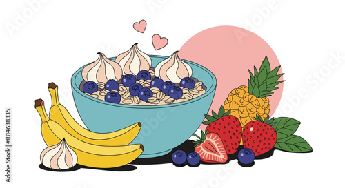A healthy and delicious breakfast bowl of oatmeal with blueberries and meringue surrounded by fresh bananas strawberries and pineapple.