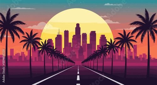 A stunning retro-futuristic synthwave illustration of a city skyline with palm trees and a road leading towards a giant setting sun.