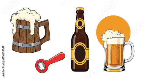 A collection of beer-related illustrations including a wooden tankard a glass mug a brown bottle and a red bottle opener.