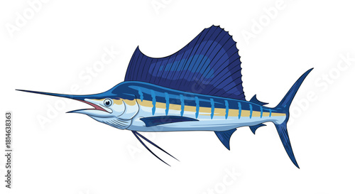 A detailed and dynamic vector illustration of a powerful blue sailfish with a large dorsal fin leaping from the water.