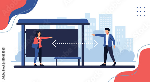 An illustration demonstrating social distancing with a man and woman standing apart at a bus stop with an arrow showing the distance.