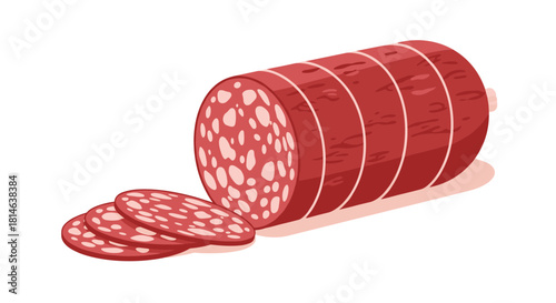 A detailed vector illustration of a partially sliced salami sausage with several round slices lying in front of it on a white background.