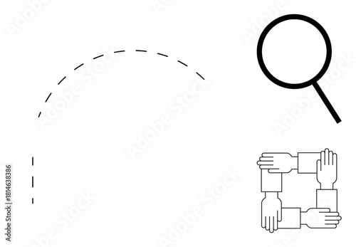 Four hands forming a square symbolizing teamwork, magnifying glass signifying exploration, and dashed curved line representing progress. Ideal for teamwork, progress, exploration, research, support