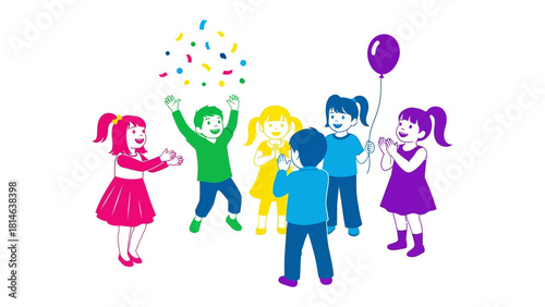Joyful Children's Celebration: A group of vibrant children joyfully celebrate with confetti and balloons, expressing happiness, fun, and unity through playful interactions