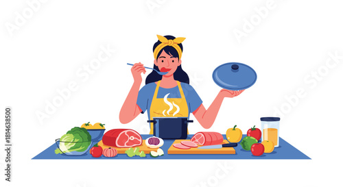 A happy woman in an apron is cooking in her kitchen tasting soup from a pot surrounded by fresh meat and vegetables.