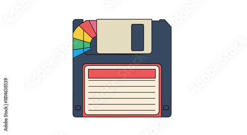 A retro vector illustration of a floppy disk with a colorful rainbow sticker and a blank label isolated on a white background.
