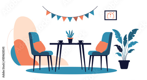 A modern and minimalist illustration of a cozy cafe or dining area with two chairs a table plants and decorative party flags.