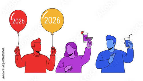 New Year Cheers and Wishes: Three individuals joyfully celebrate the anticipation of 2026, clinking glasses with drinks in a vibrant toast, and holding festive balloons. 