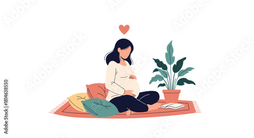 A serene and happy pregnant woman is sitting on a rug at home lovingly holding her belly surrounded by cushions and a houseplant.